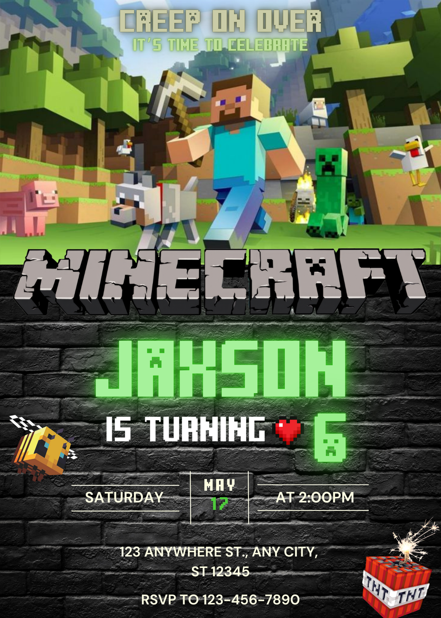Minecraft (Creep On Over) Birthday Invitation - Editable Digital Download
