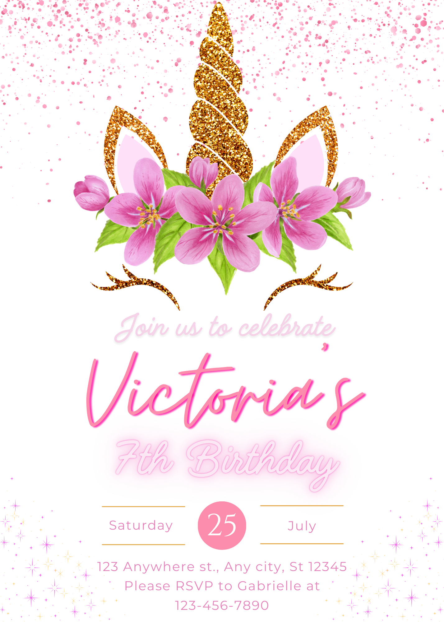 Whimsical Glitter Unicorn Birthday Invitable - Editable Digital Download