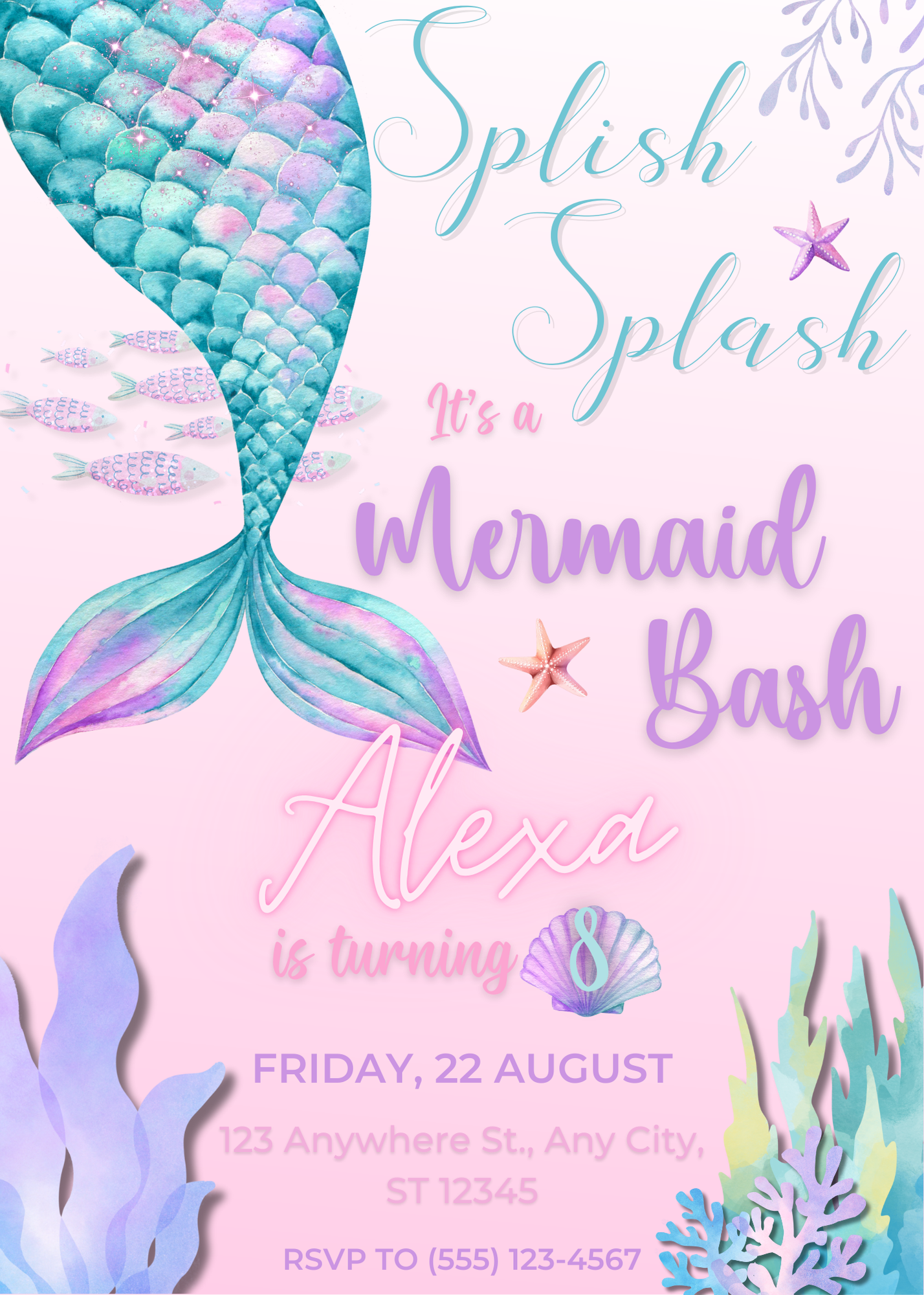 Splish Splash "It's a Mermaid Bash" Birthday Invite - Editable Instant Template