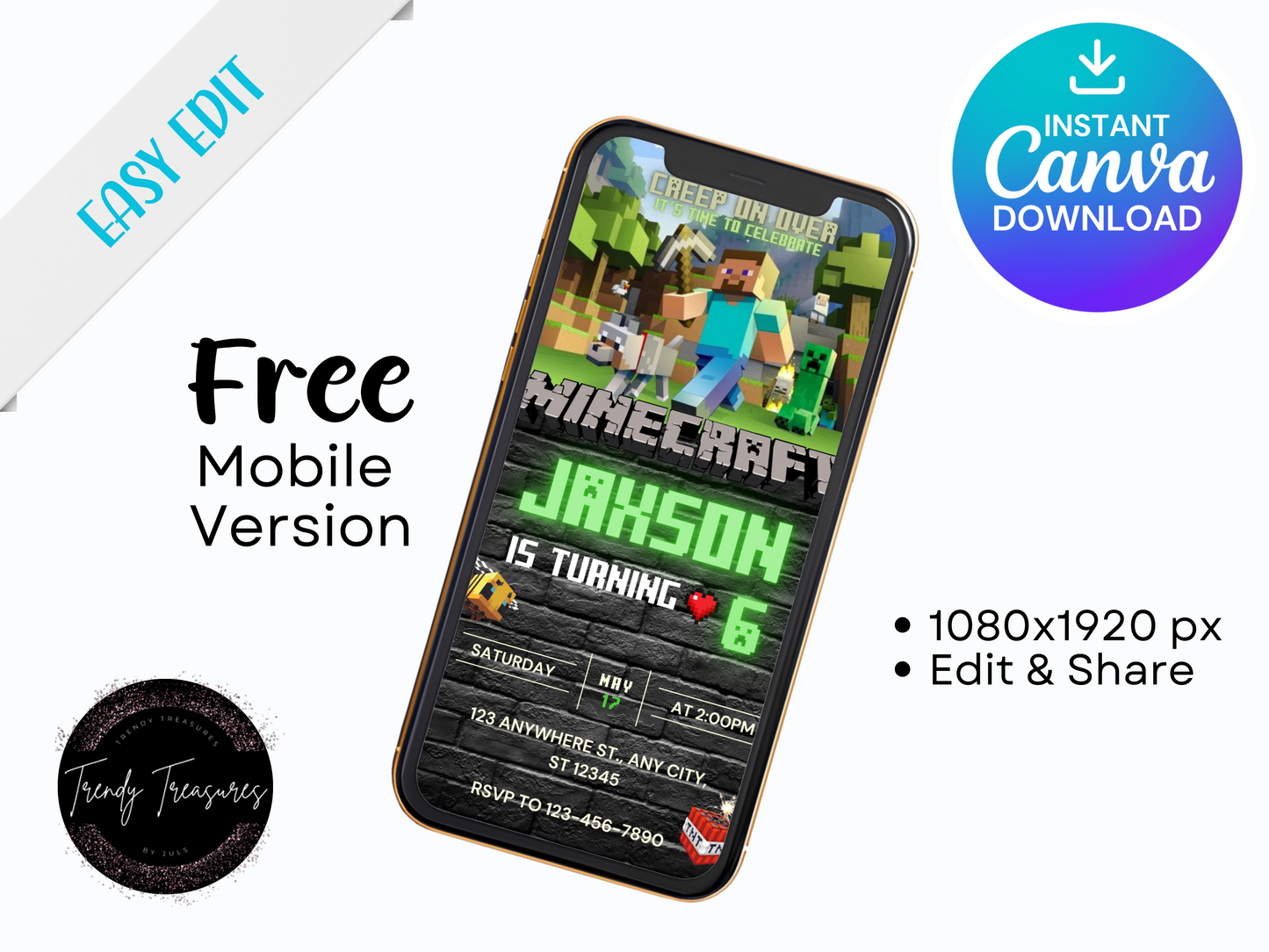 Minecraft (Creep On Over) Birthday Invitation - Editable Digital Download