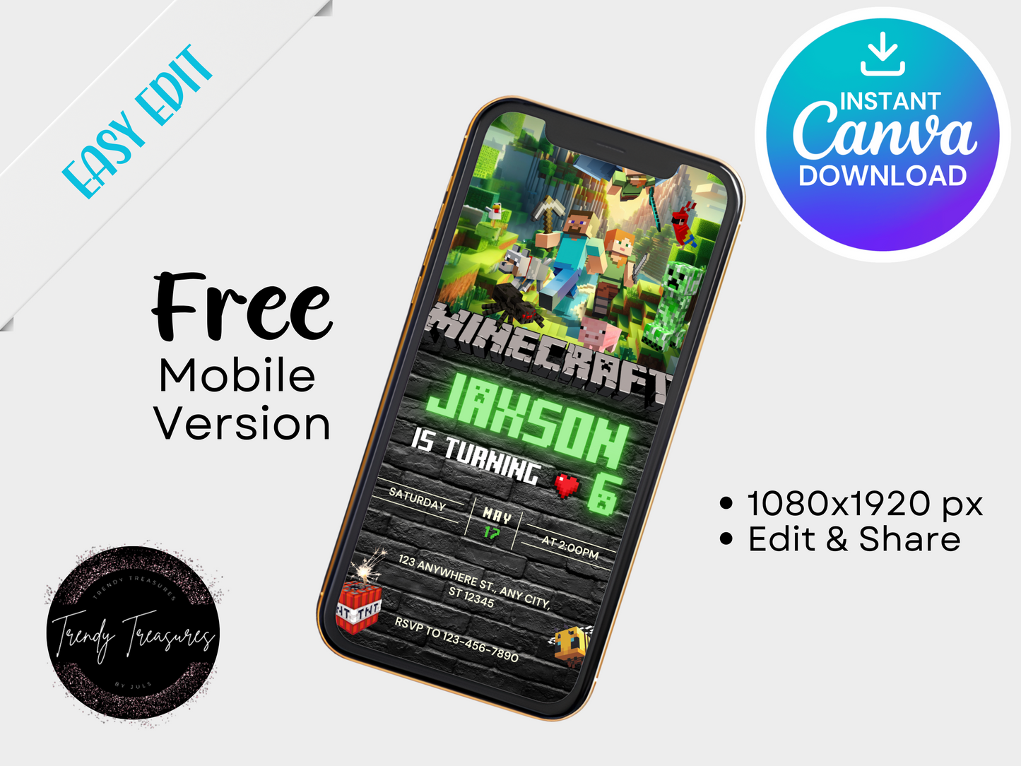 Minecraft Birthday Invite - Editable Digital Download