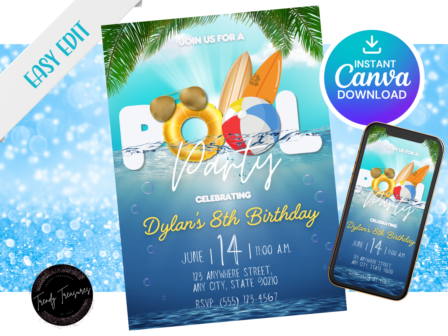 Pool Party Invitation - Boy - Editable Digital Download
