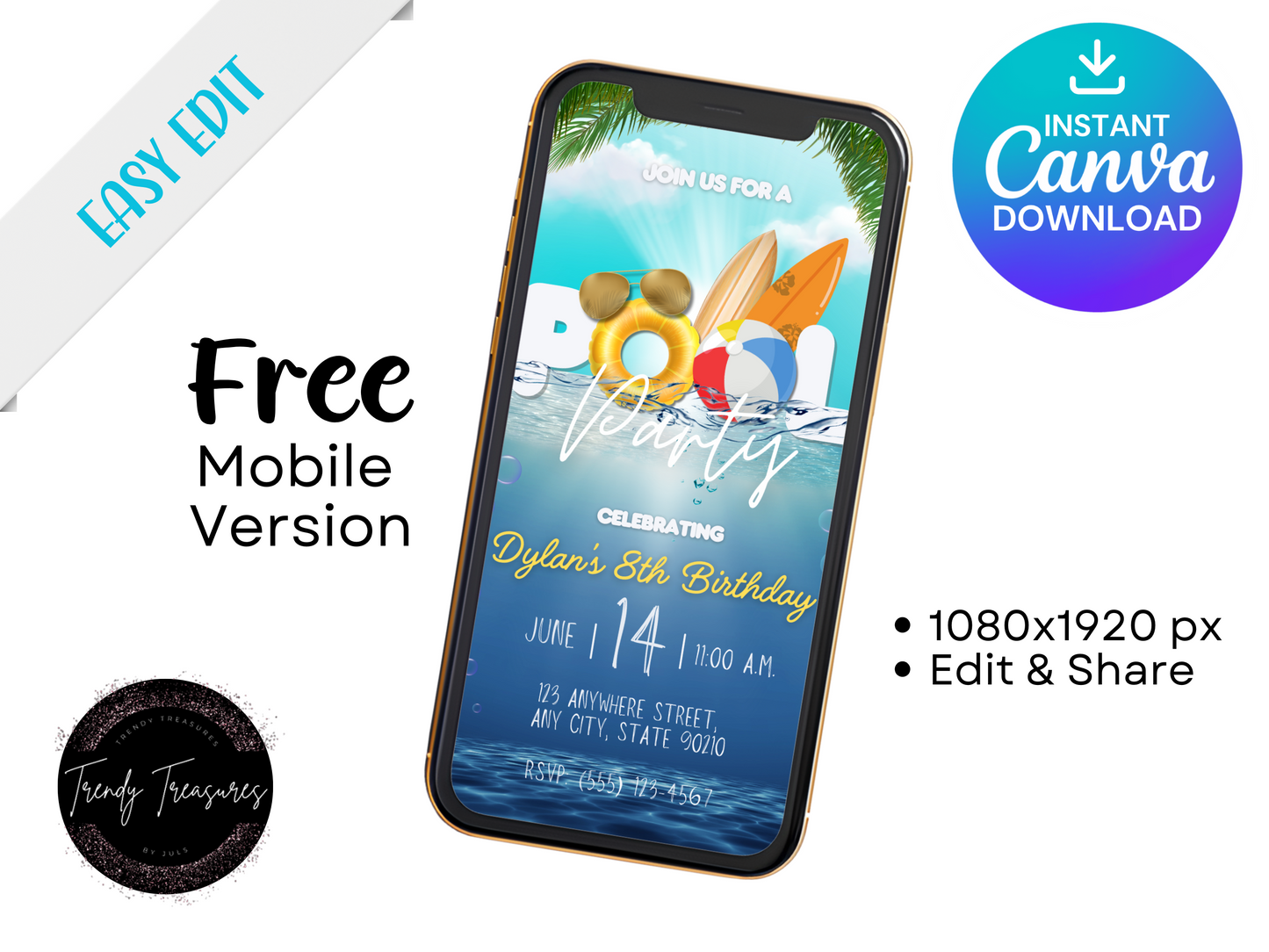 Pool Party Invitation - Boy - Editable Digital Download