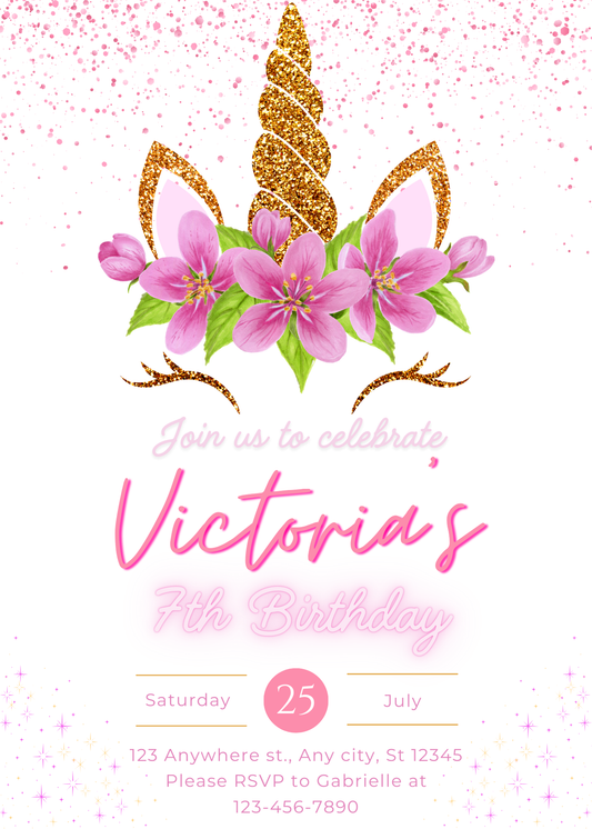 Whimsical Glitter Unicorn Birthday Invitable - Editable Digital Download