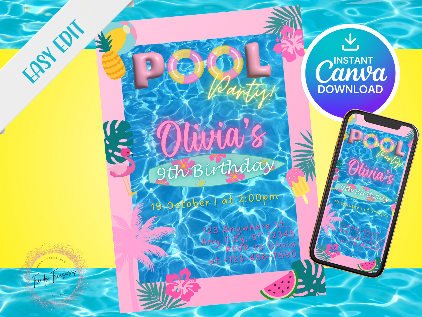 Pool Party Invitation - Editable Digital Template