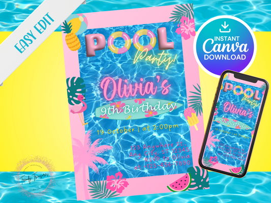 Pool Party Invitation - Editable Digital Template