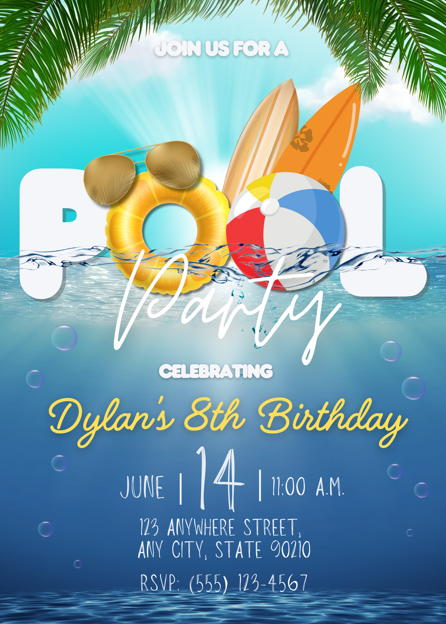 Pool Party Invitation - Boy - Editable Digital Download