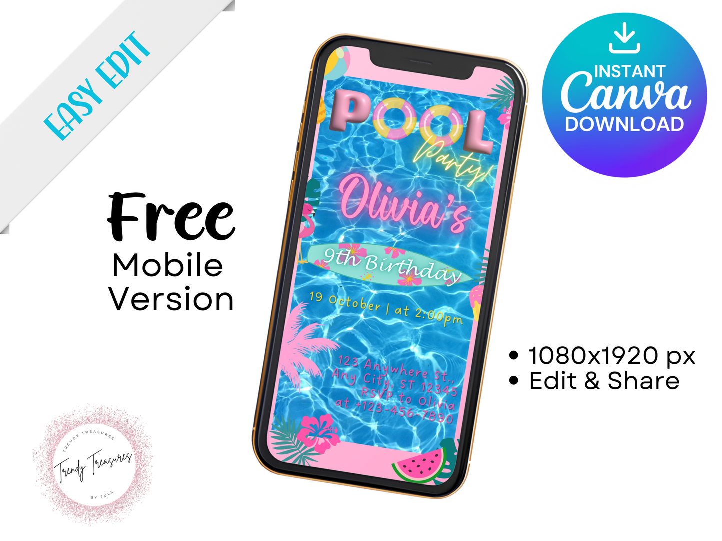 Pool Party Invitation - Editable Digital Template