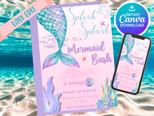 Splish Splash "It's a Mermaid Bash" Birthday Invite - Editable Instant Template