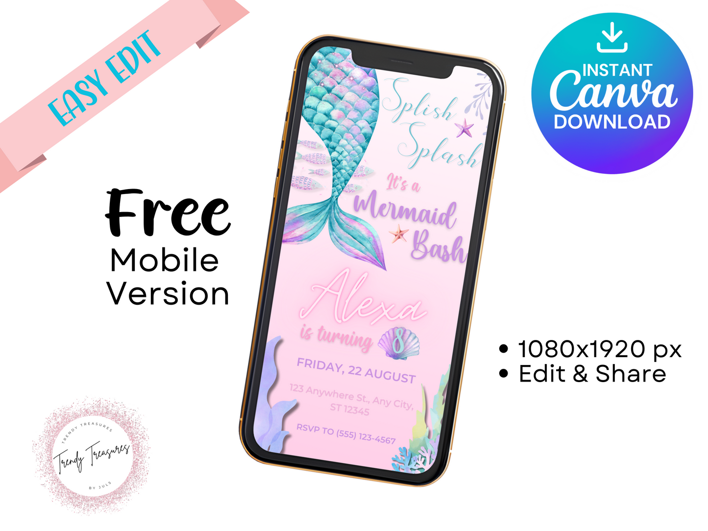 Splish Splash "It's a Mermaid Bash" Birthday Invite - Editable Instant Template